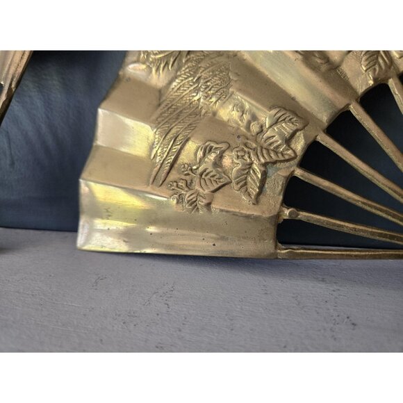 Pair of Solid Cast Brass Oriental Hand Fan Ornaments Phoenix/Ho-o Floral Details - Picture 4 of 8